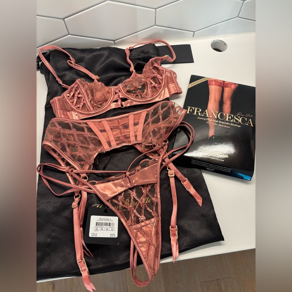Honey Birdette Francesca Set! Rose Gold Bra & Panty Set 30B 32B XS S